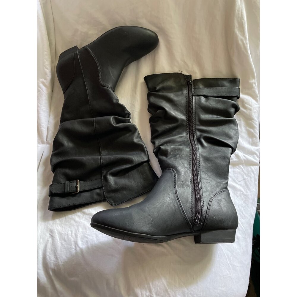 Black Faux Leather Mid-Calf Slouch Boots With Buckle Detail & Side Zipper Womens